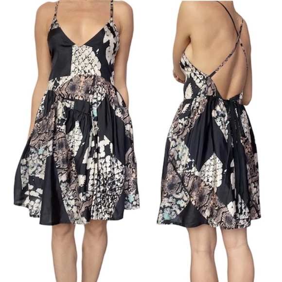 ACNE Studios Black Tan  Printed Ballerina Silk Backless Dress 2010 34 (XS) - Picture 1 of 16